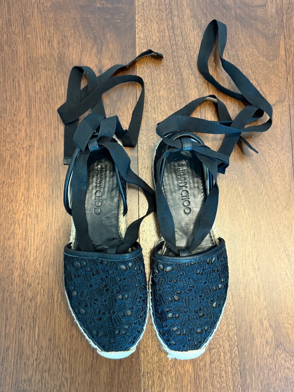 JIMMY CHOO Delphine Black Lace Wraparound d'Orsay Espadrille Flats